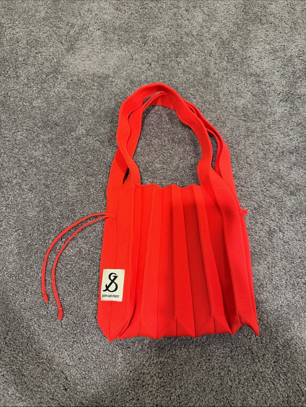 Red Pleated Tote Bag with Drawstring Detail
